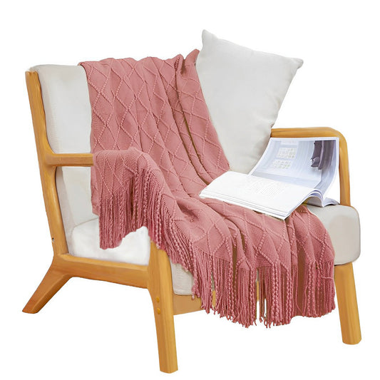 Throw Blanket Diamond Pattern Knitted with Tassels - Pink