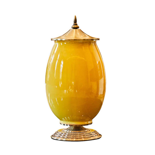 Yellow Ceramic Oval Flower Vase with Gold Metal Base - 40cm tall