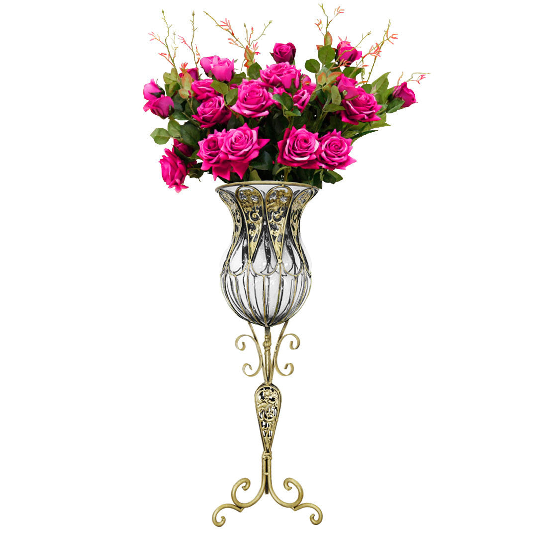 Clear Glass Tall Floor Vase with 12pcs Artificial Pink Silk Flower Set - 85cm tall