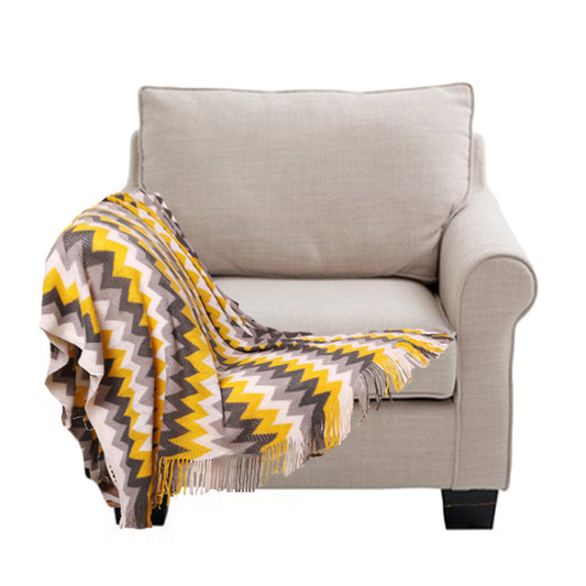  Zigzag Striped Acrylic Wave Knitted Throw Blanket Fringed - Yellow