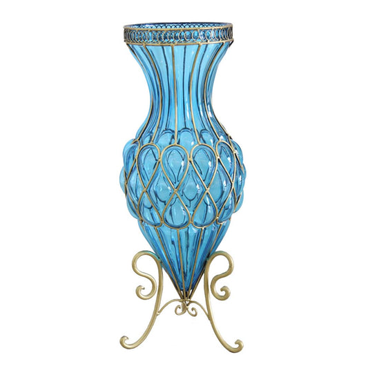 Blue Glass Tall Floor Vase with Metal Flower Stand - 67cm tall