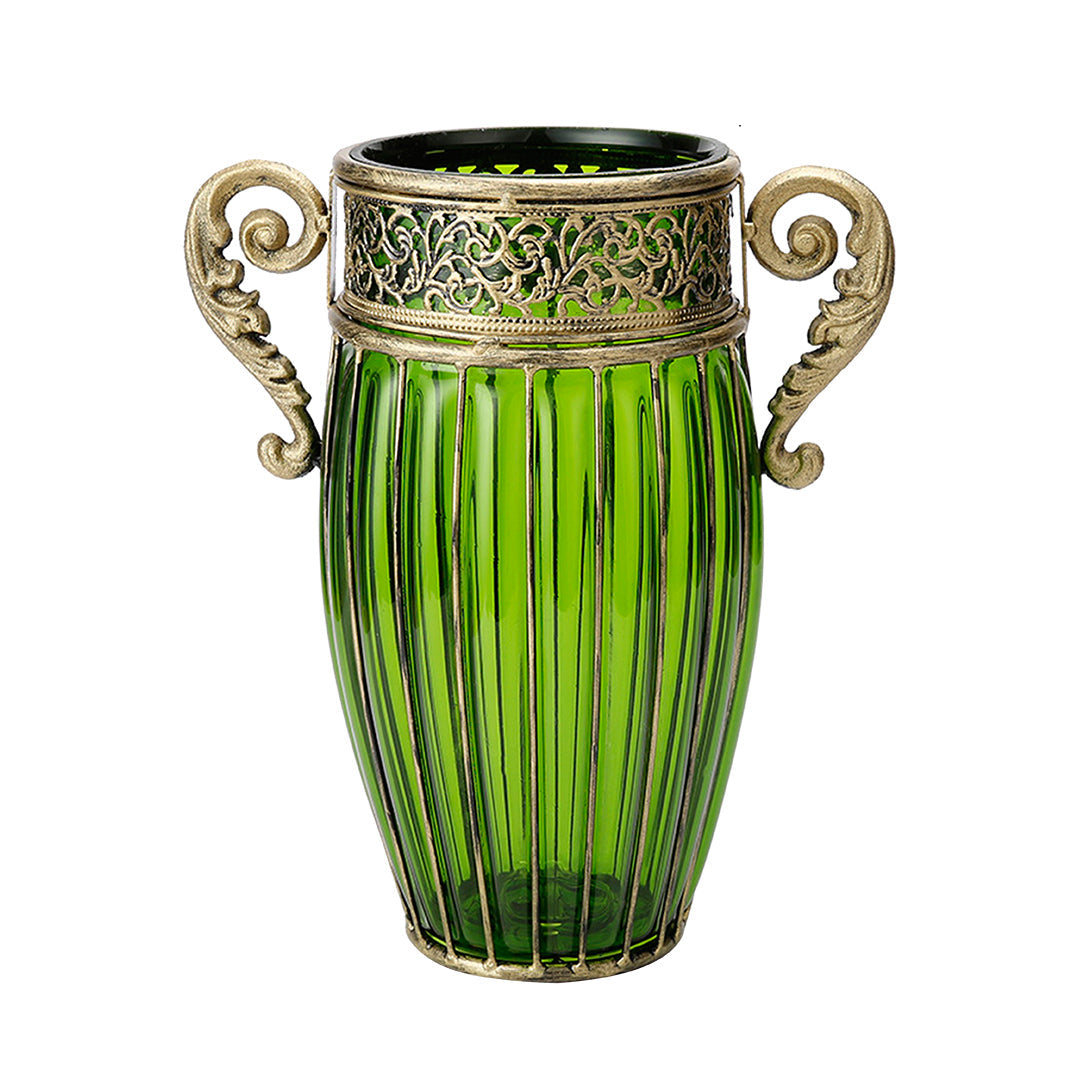 European Glass Jar Flower Vase with Two Metal Handles - Green