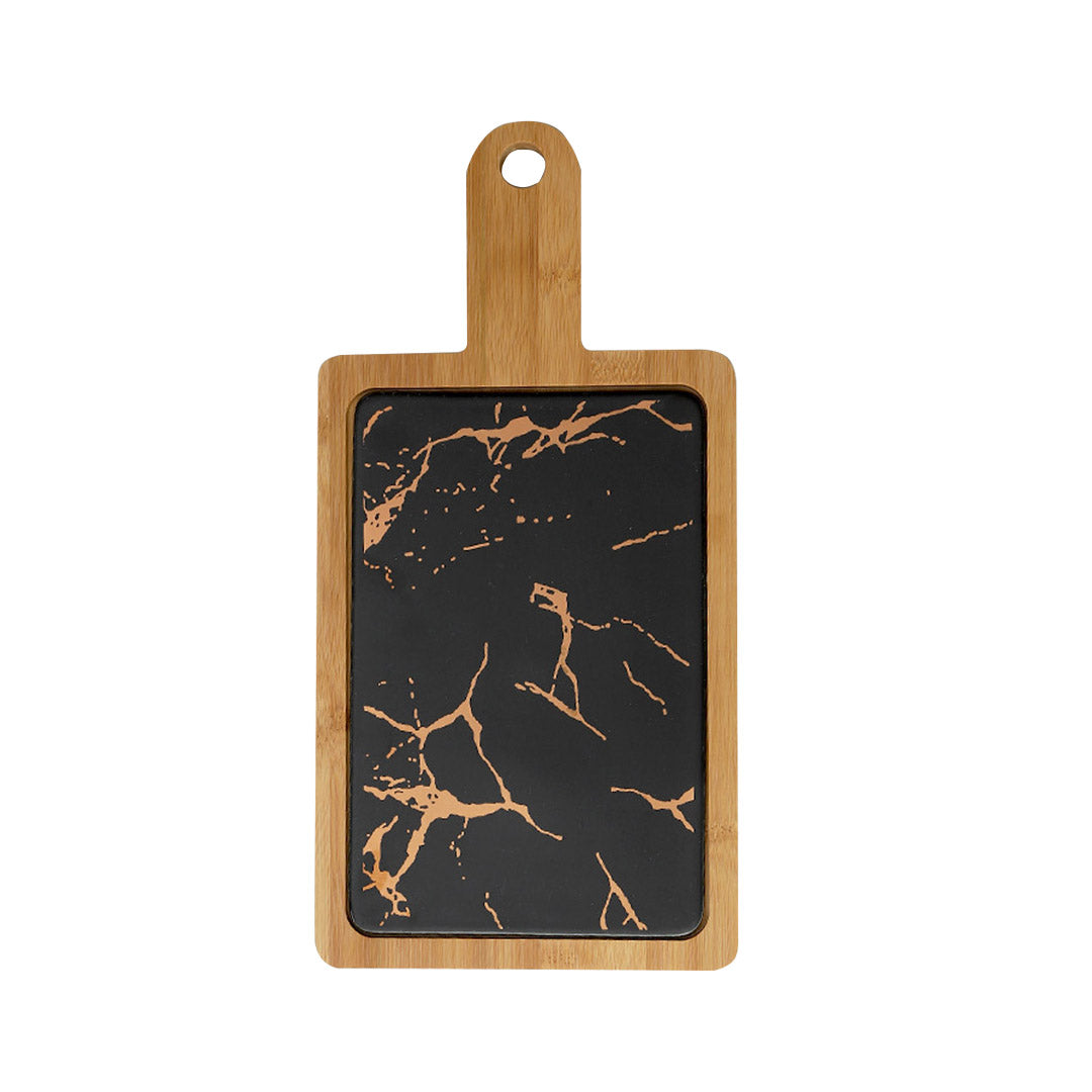 Black Stone Slate Rectangle Wooden Serving Tray with Handle - 33.5cm
