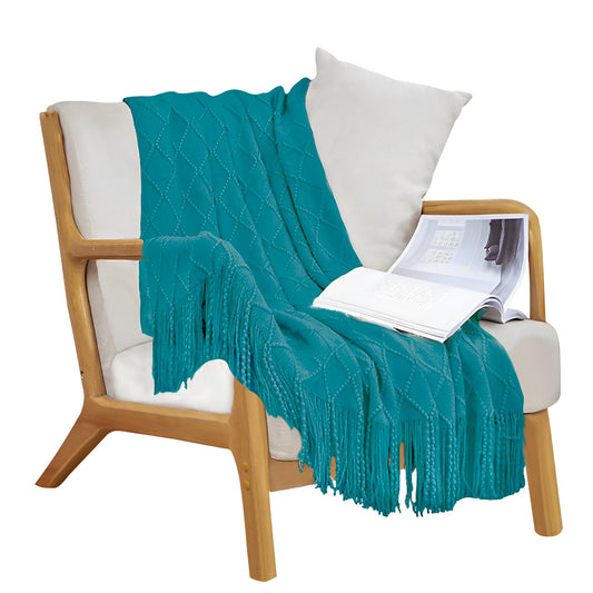 Throw Blanket Diamond Pattern Knitted with Tassels - Teal