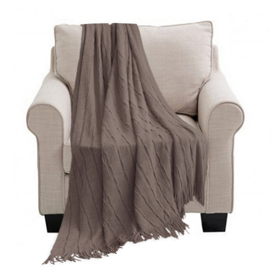 Textured Knitted Throw Blanket Cube Design with Tassels - Coffee