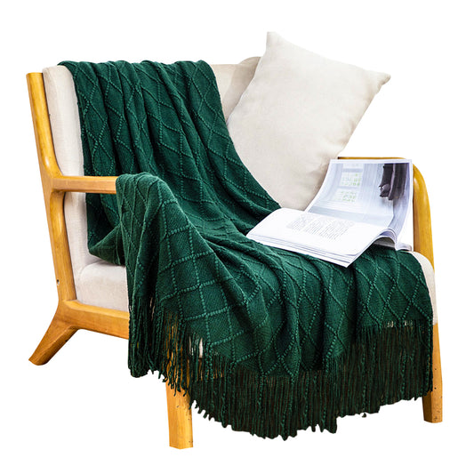 Throw Blanket Diamond Pattern Knitted Throw with Tassels - Green