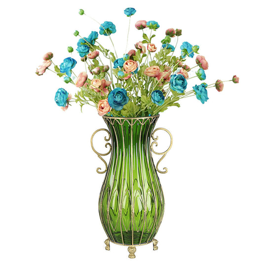 Green Glass Tall Floor Vase with 12pcs Artificial Blue & Pink Flower Set - 51cm