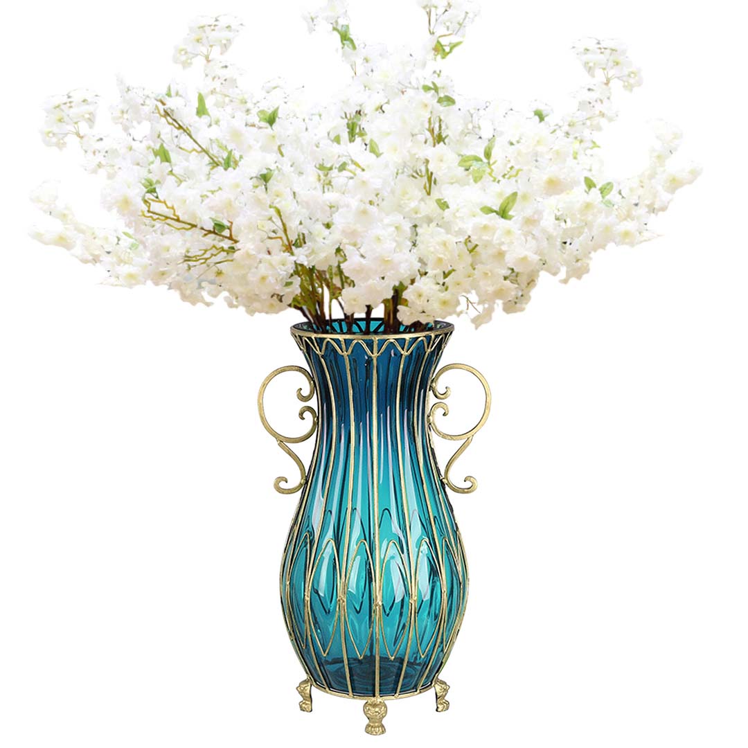 Blue Glass Tall Floor Vase & White Artificial Flower Set (10pcs) - 51cm tall