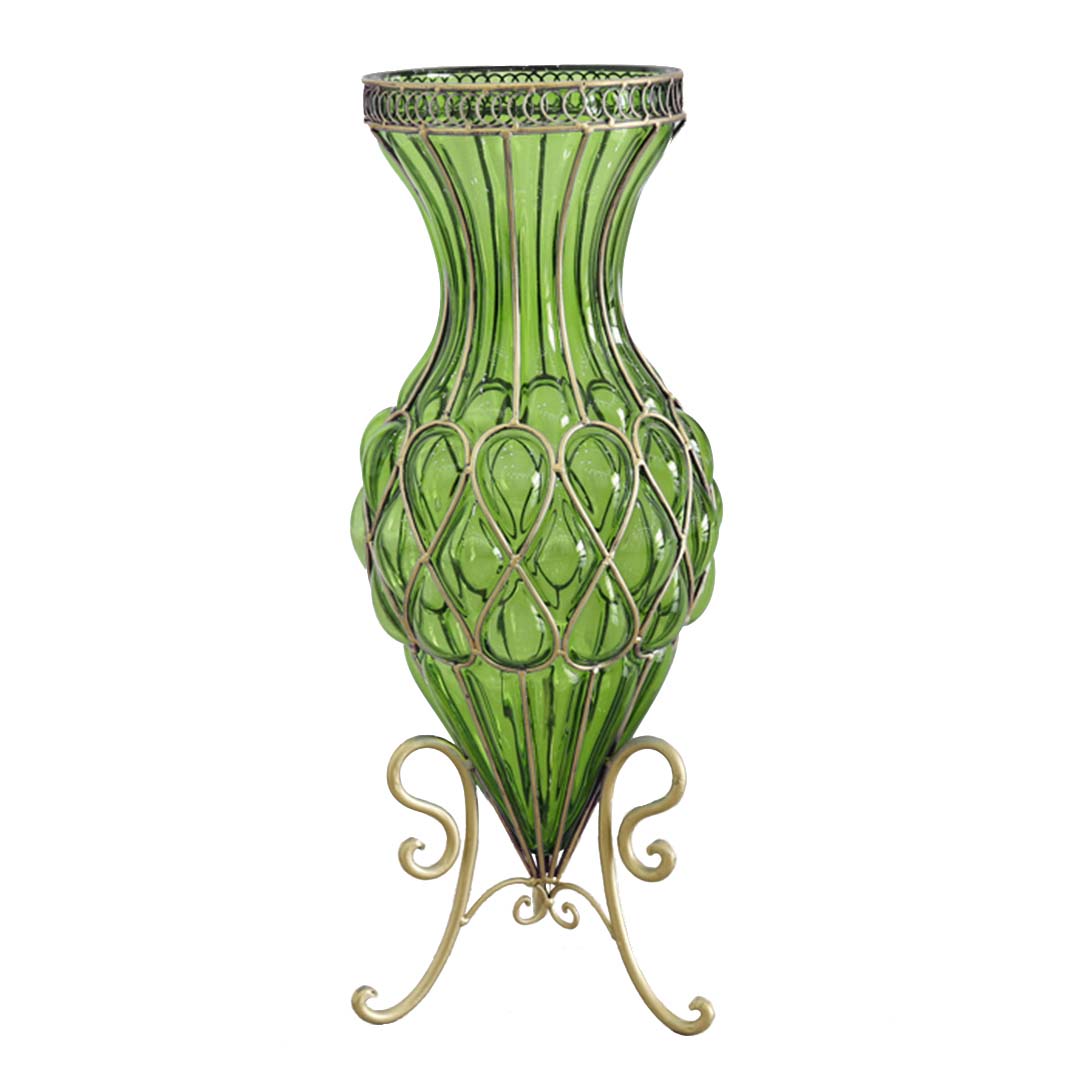 Green Glass Tall Floor Vase with Metal Flower Stand - 67cm tall