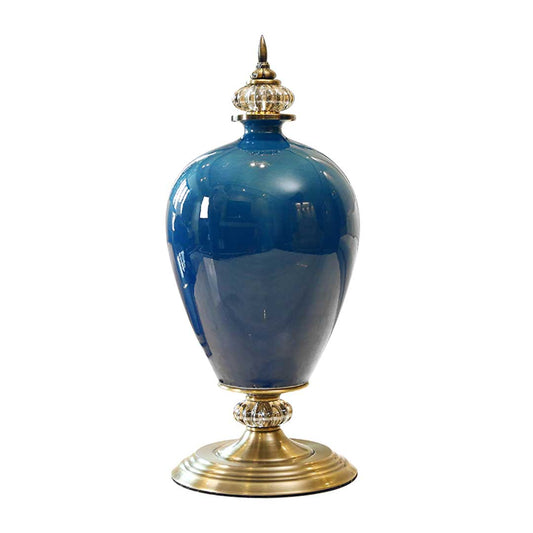Dark Blue Ceramic Oval Flower Vase with Gold Metal Base - 42cm tall
