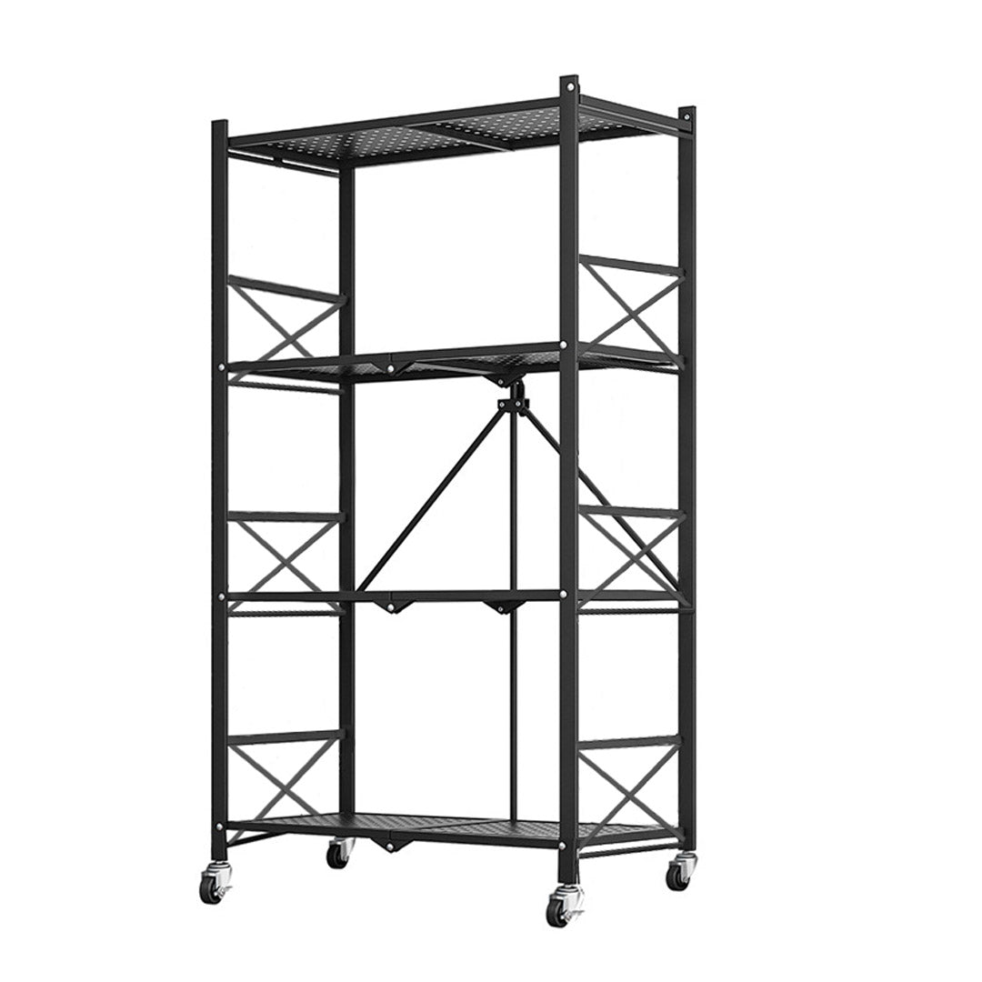 4 Tier Steel Foldable Display Stand Shelves with Wheels - Black