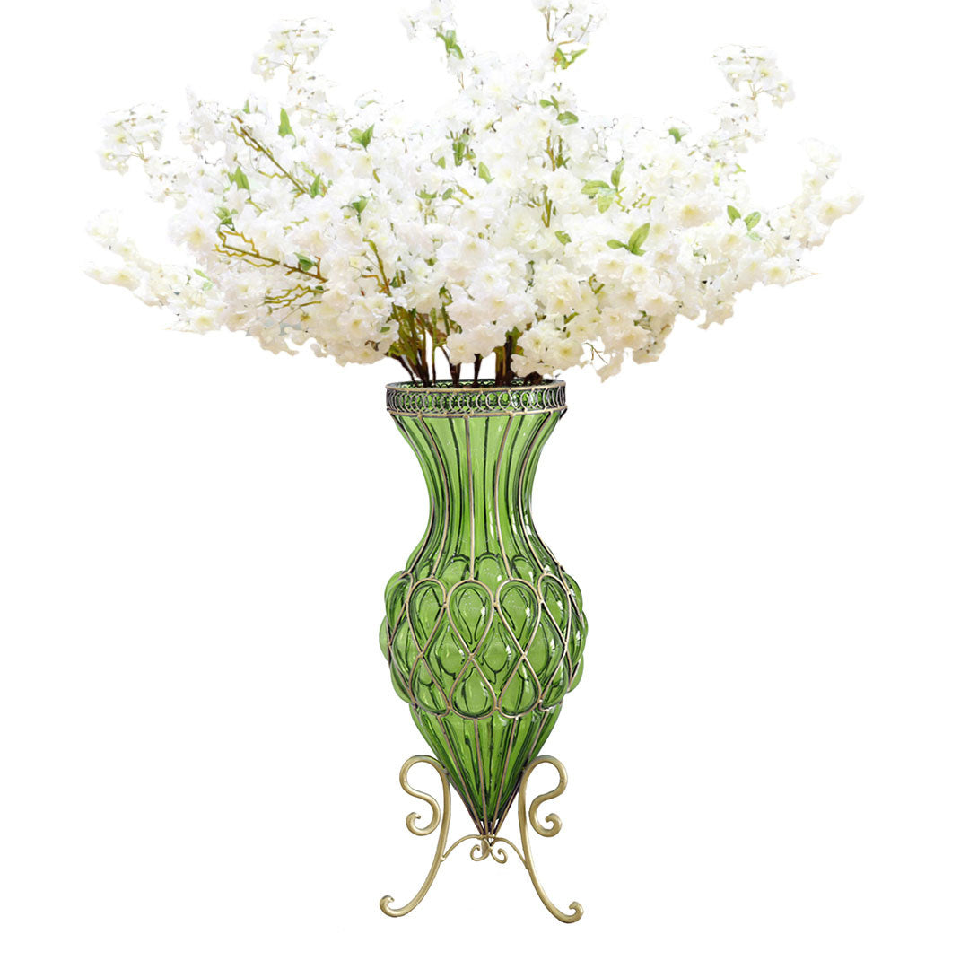 Green Glass Tall Floor Vase with 10pcs Artificial White Silk Flower Set - 67cm tall