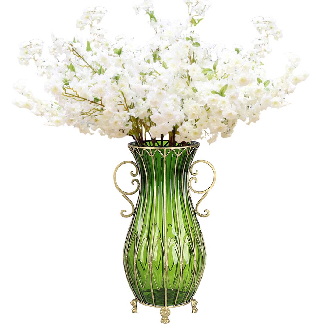 Tall Green Glass Floor Vase & White Artificial Flower Set (10pcs) - 51cm tall