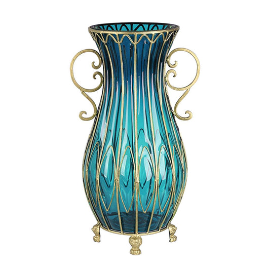Blue Glass Oval Floor Vase with Metal Flower Stand - 51cm tall