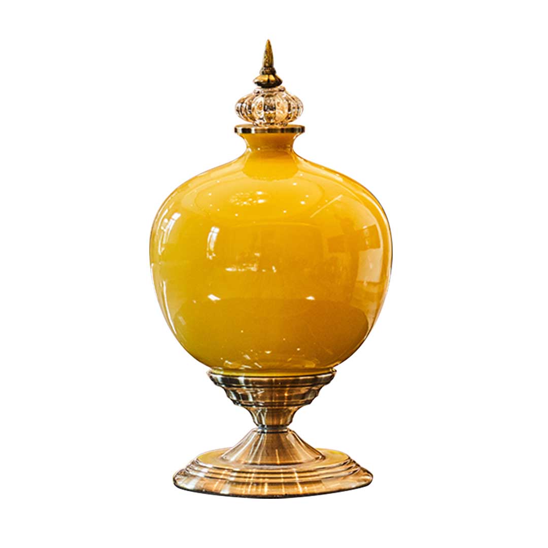 Yellow Ceramic Oval Flower Vase with Gold Metal Base - 38cm tall