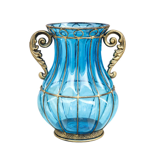  European Blue Glass Flower Vase with Two Metal Handles - 26cm tall