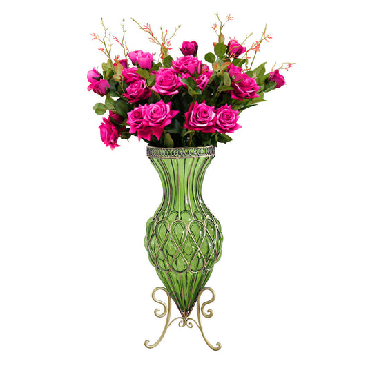 Green Glass Tall Floor Vase with 12pcs Artificial Dark Pink Flower Set - 67cm tall