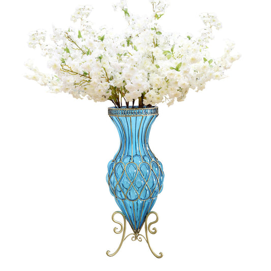 Blue Glass Tall Floor Vase with 10pcs Artificial White Flower Set - 67cm tall