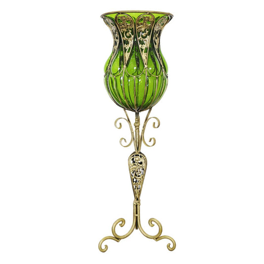 European Green Glass Floor Flower Vase with Tall Metal Stand - 85cm tall