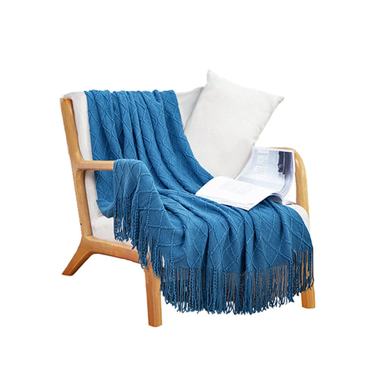 Throw Blanket Diamond Pattern Knitted Throw with Tassels - Blue