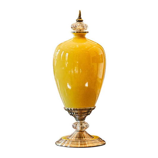 Yellow Ceramic Oval Flower Vase with Gold Metal Base - 42cm tall