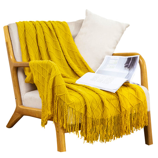 Throw Blanket Diamond Pattern Knitted Throw with Tassels - Yellow