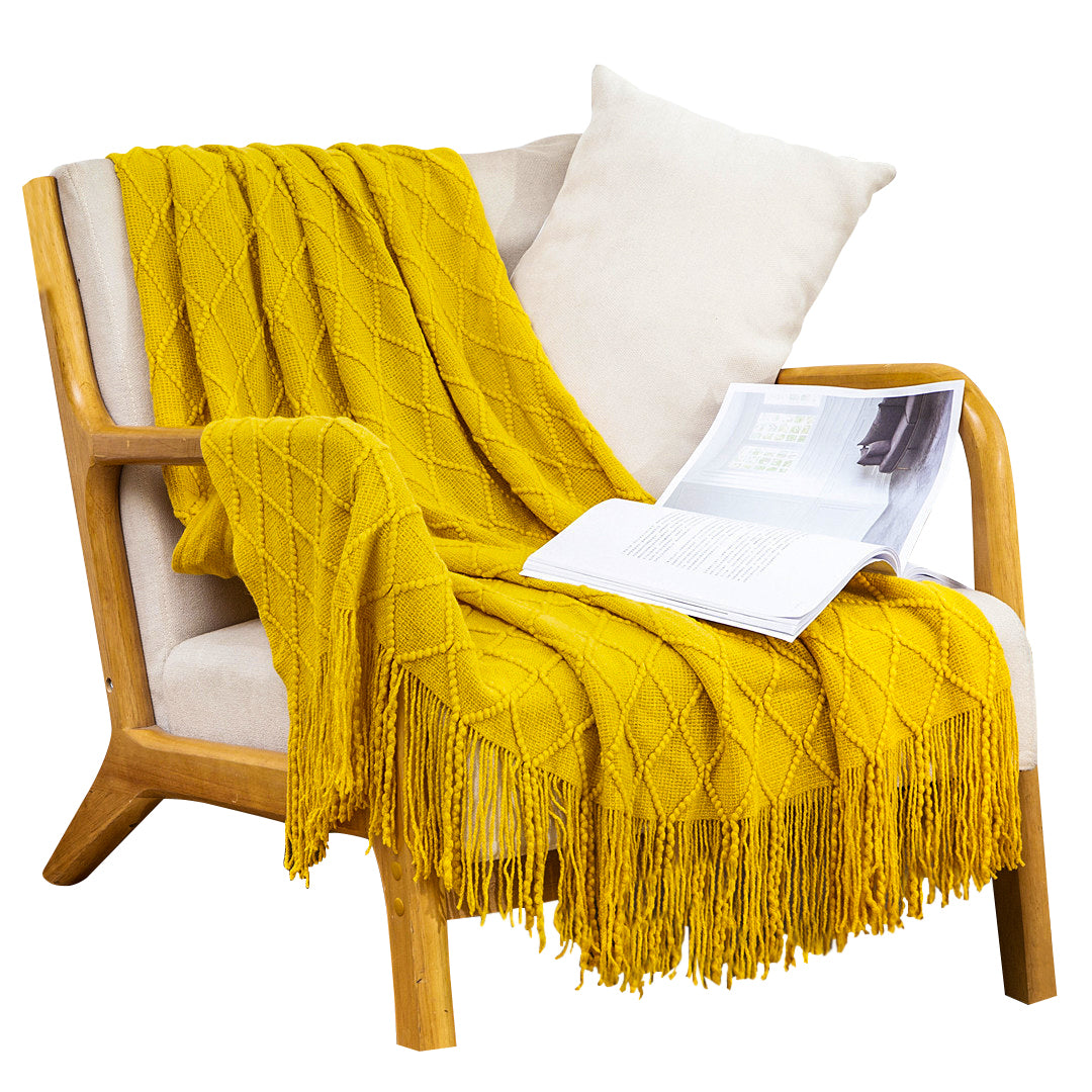 Throw Blanket Diamond Pattern Knitted Throw with Tassels - Yellow