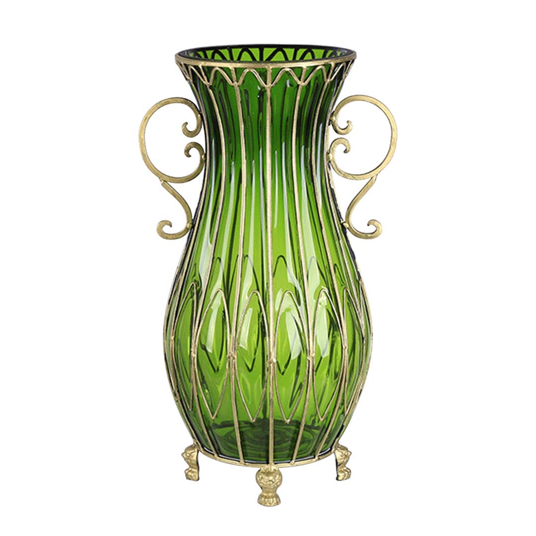 Green Glass Oval Floor Vase with Metal Flower Stand - 51cm tall