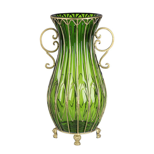 Green Glass Oval Floor Vase with Metal Flower Stand - 51cm tall