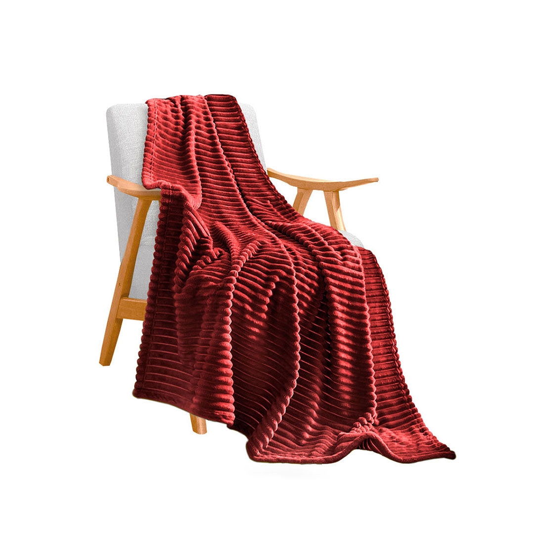 Throw Blanket Knitted Striped Pattern - Burgundy