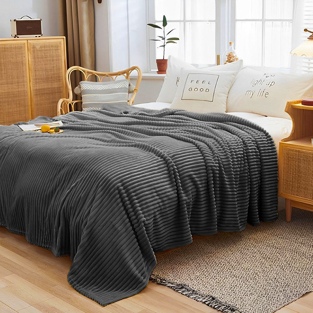Throw Blanket Knitted Striped Pattern - Grey