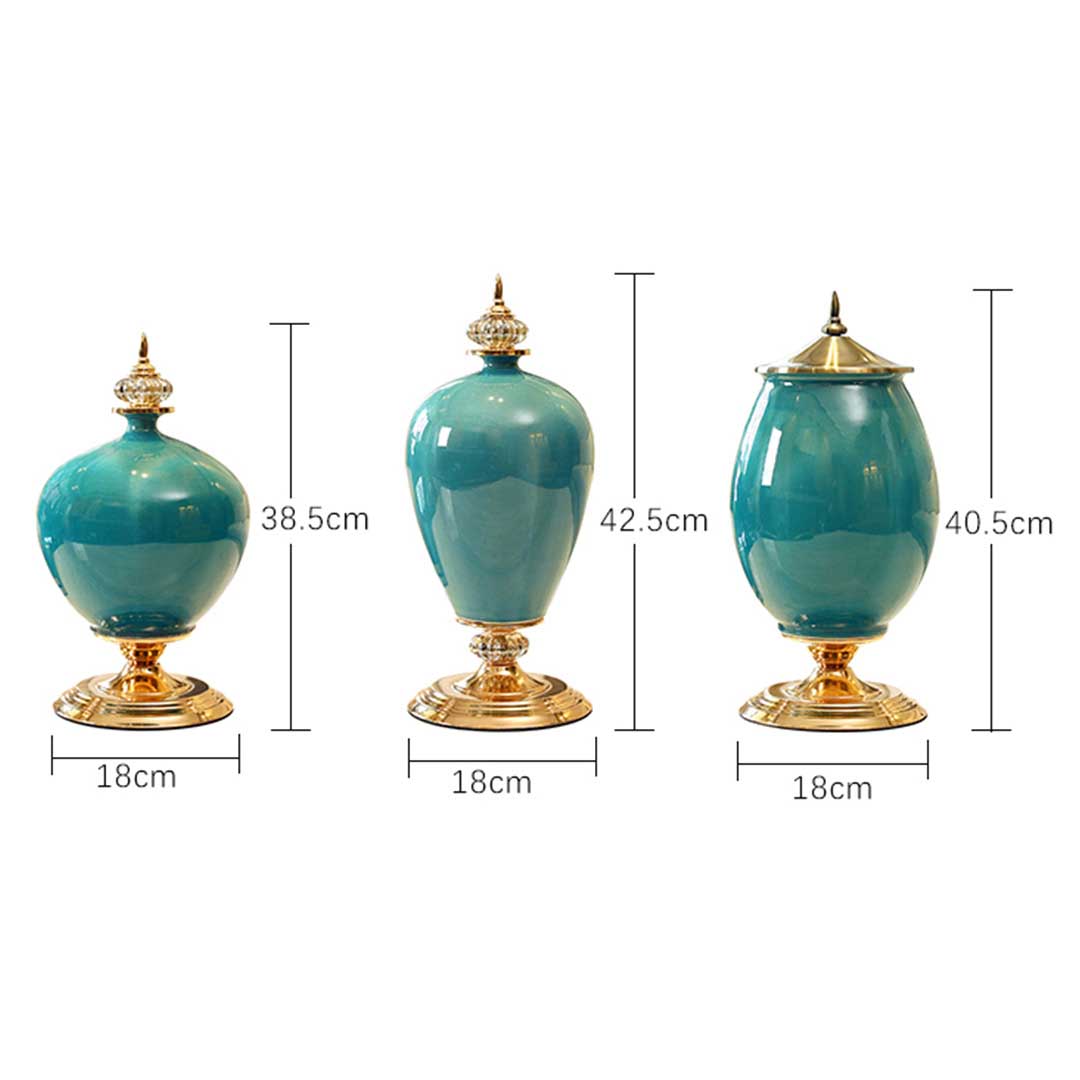 Dark Blue Ceramic Oval Flower Vase with Gold Metal Base - 40cm tall