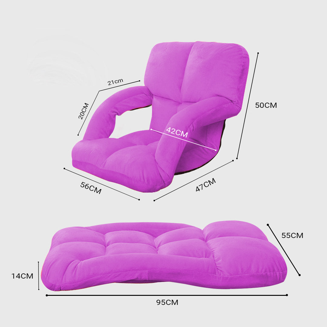 Foldable & Adjustable Lazy Floor Recliner Cushioned Chair with Armrest - Purple