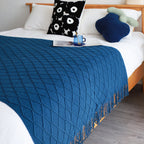 Throw Blanket Diamond Pattern Knitted Throw with Tassels - Royal Blue