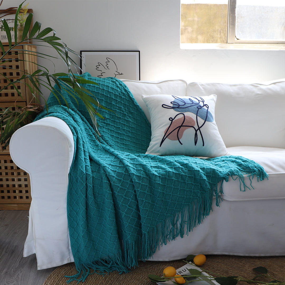 Throw Blanket Diamond Pattern Knitted with Tassels - Teal