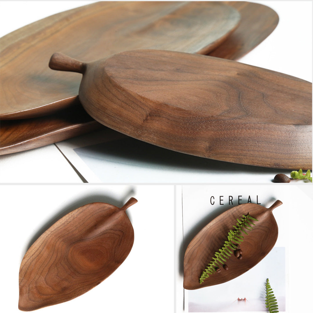 Set of 2 Leaf Shape Wooden Tray Charcuterie Serving Board Paddle - Walnut 