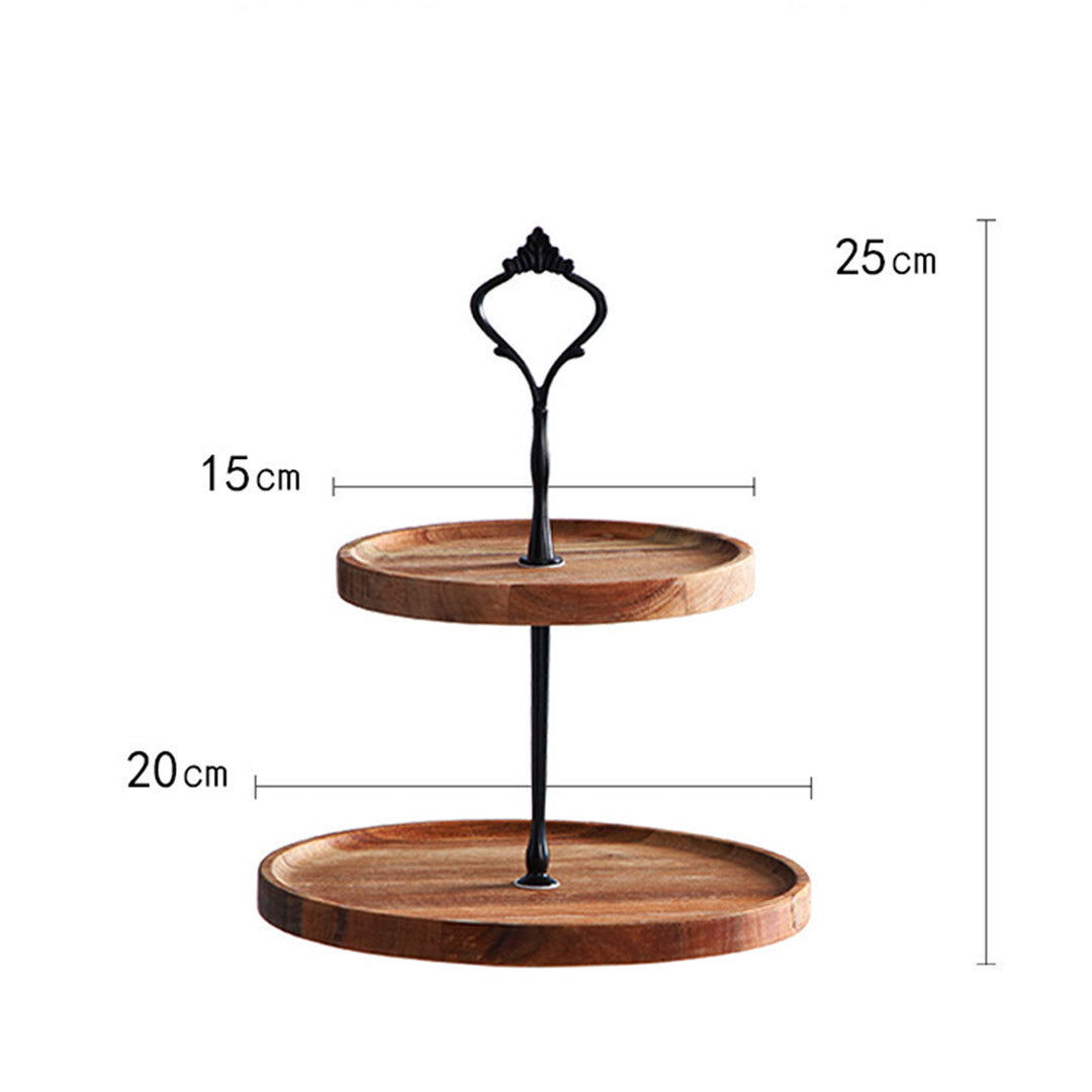  2 Tier Brown Round Wooden Acacia Dessert Tray Cake Stand - 15cm