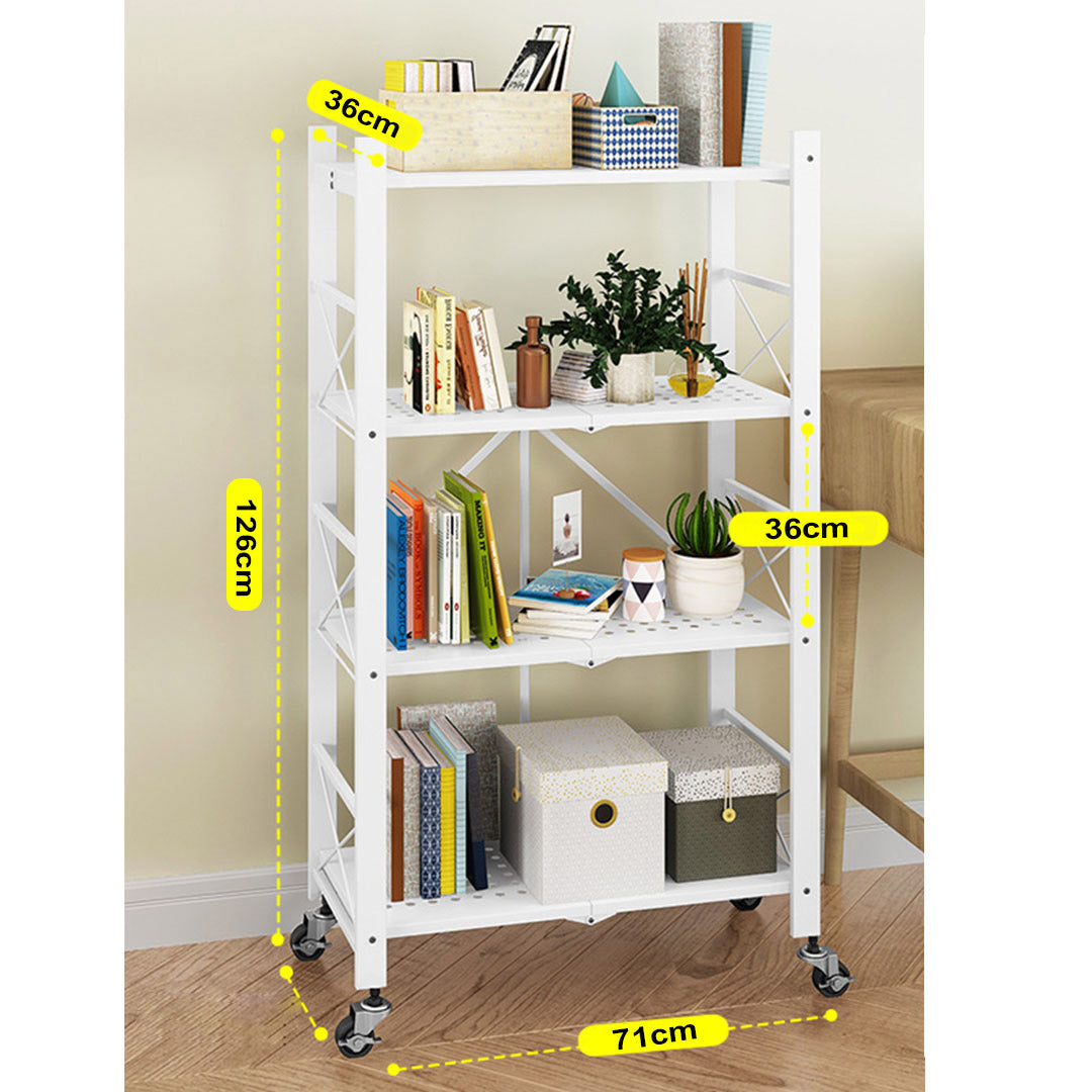 4 Tier Steel Foldable Display Stand Shelves with Wheels - White