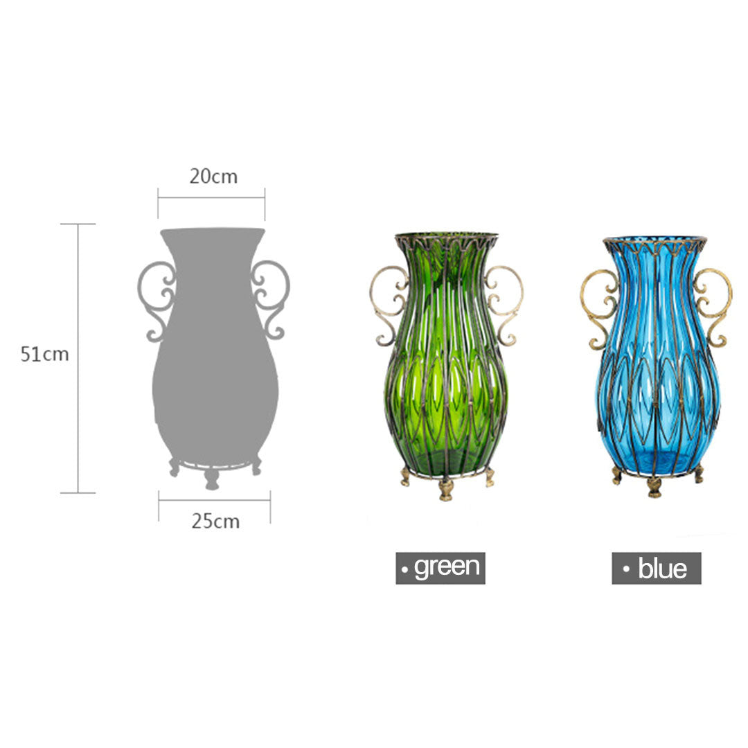 Blue Glass Tall Floor Vase with 12pcs Artificial Blue & Pink Flower Set - 51cm
