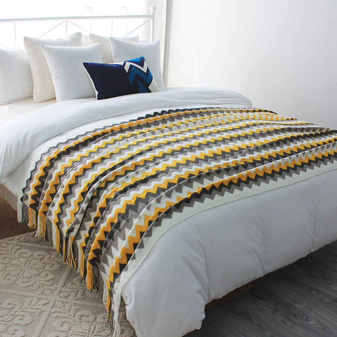  Zigzag Striped Acrylic Wave Knitted Throw Blanket Fringed - Yellow