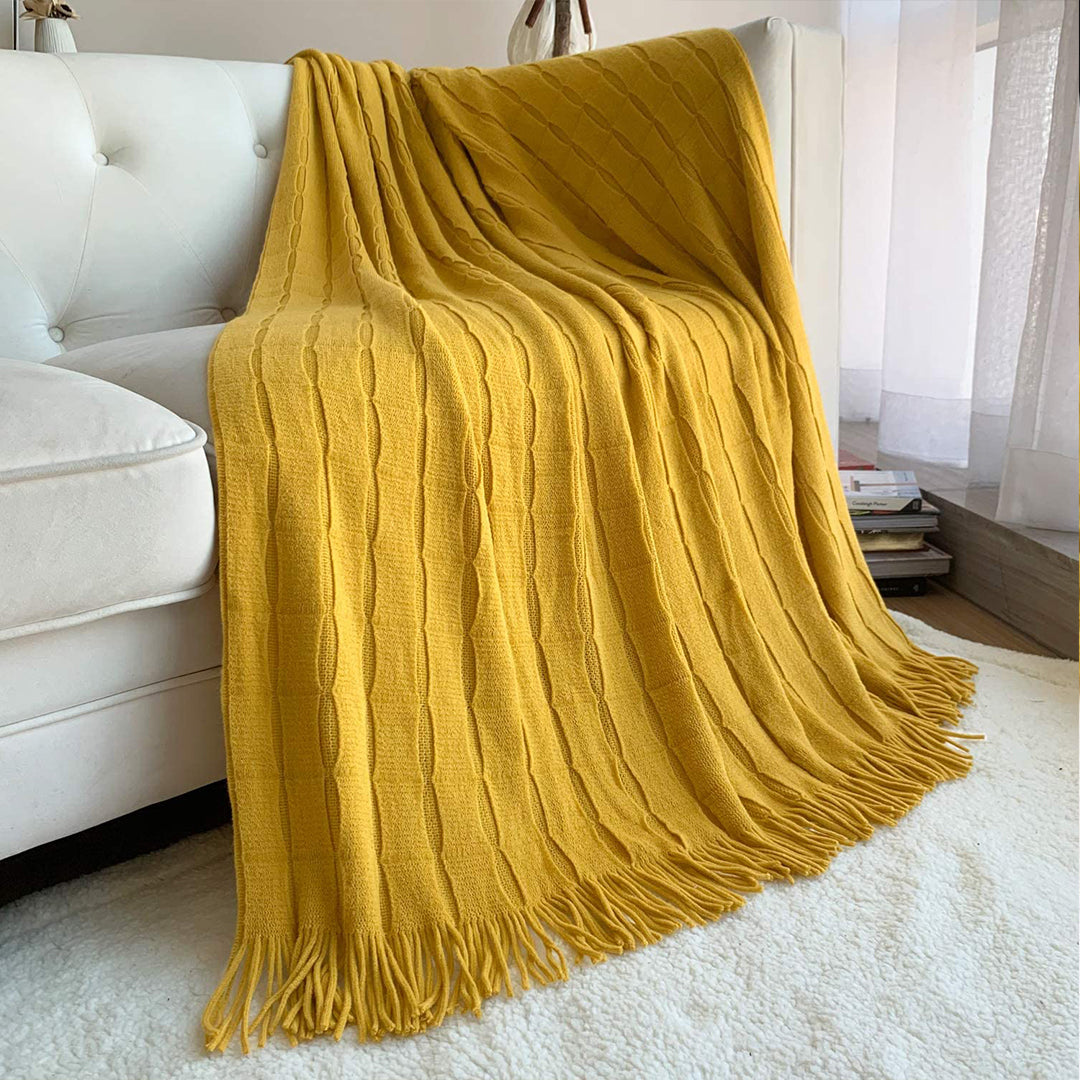 Textured Knitted Throw Blanket Cube Design with Tassels - Mustard 