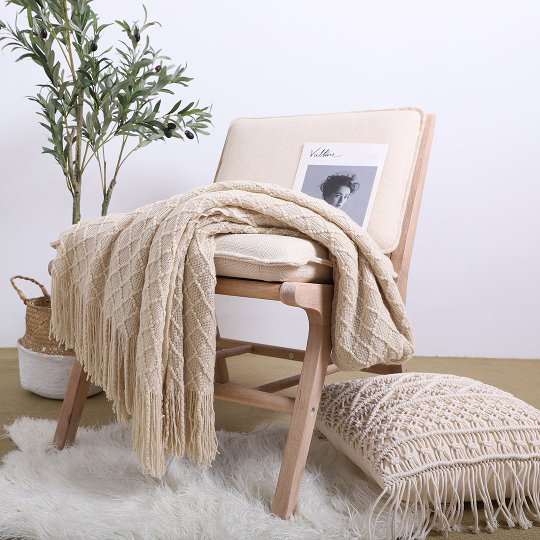 Throw Blanket Diamond Pattern Knitted Throw with Tassels - Beige