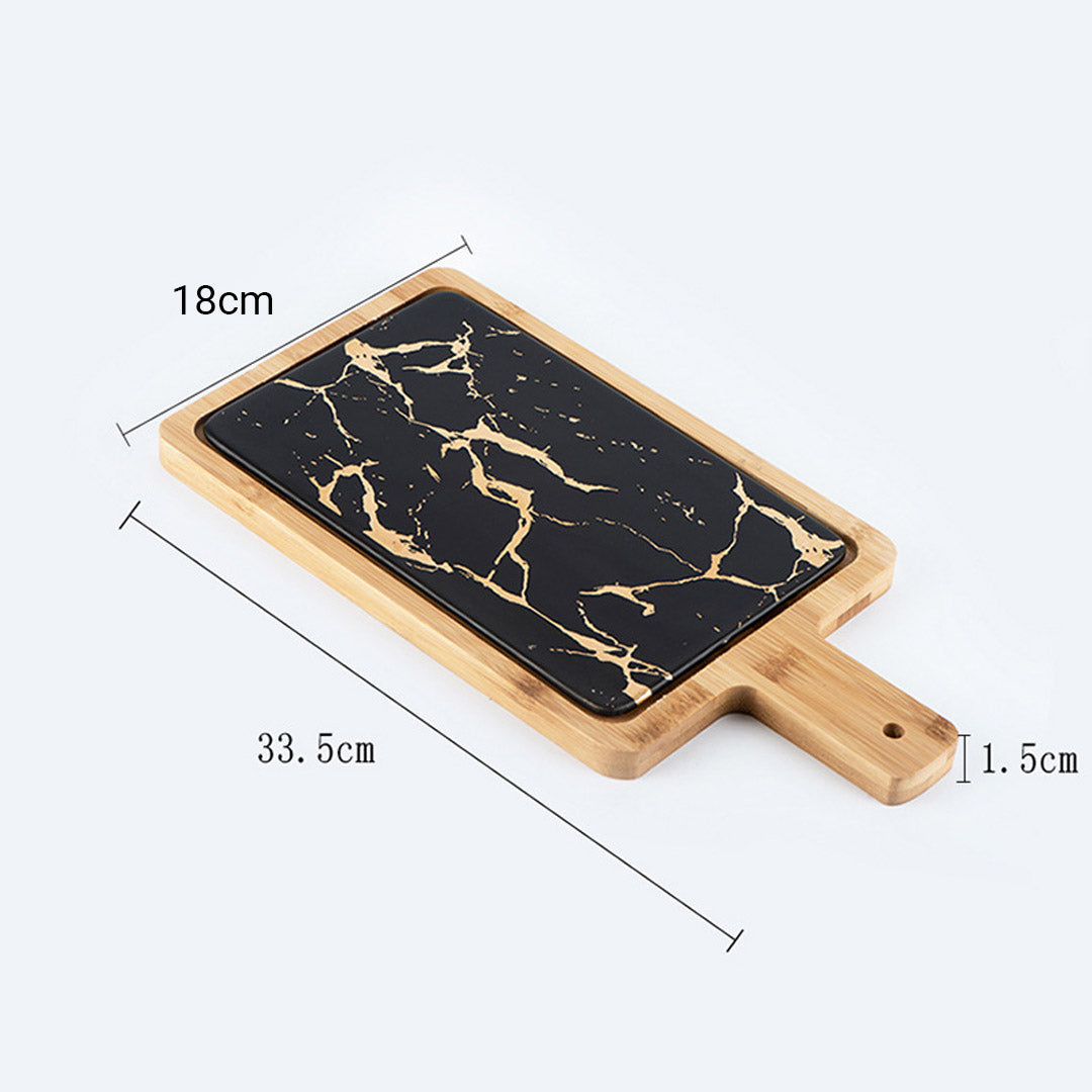 Black Stone Slate Rectangle Wooden Serving Tray with Handle - 33.5cm