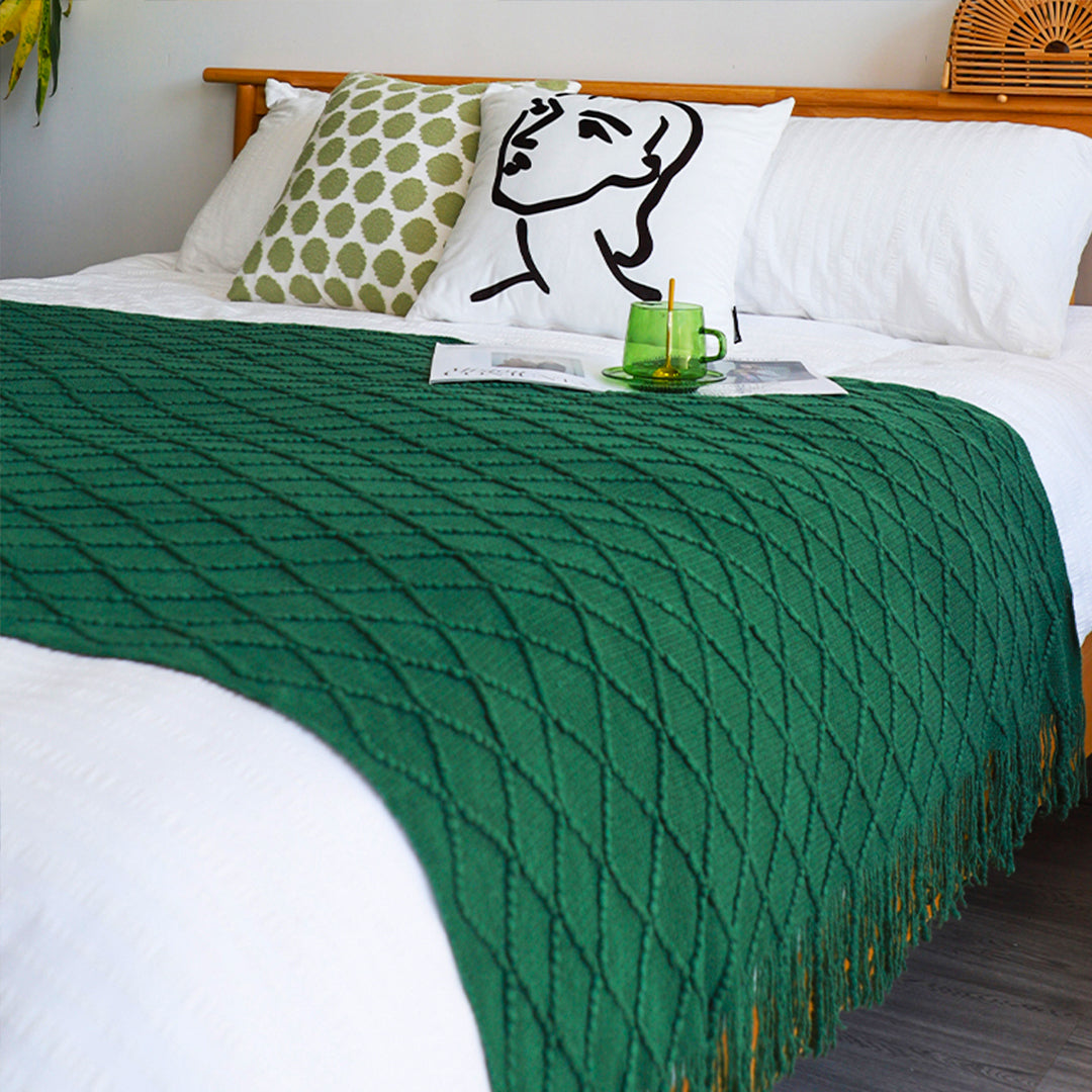 Throw Blanket Diamond Pattern Knitted Throw with Tassels - Green