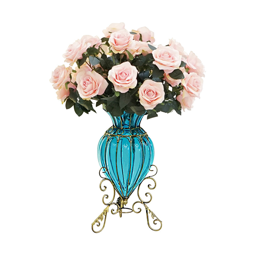 Blue Glass Floor Flower Vase with Metal Stand - 40cm tall