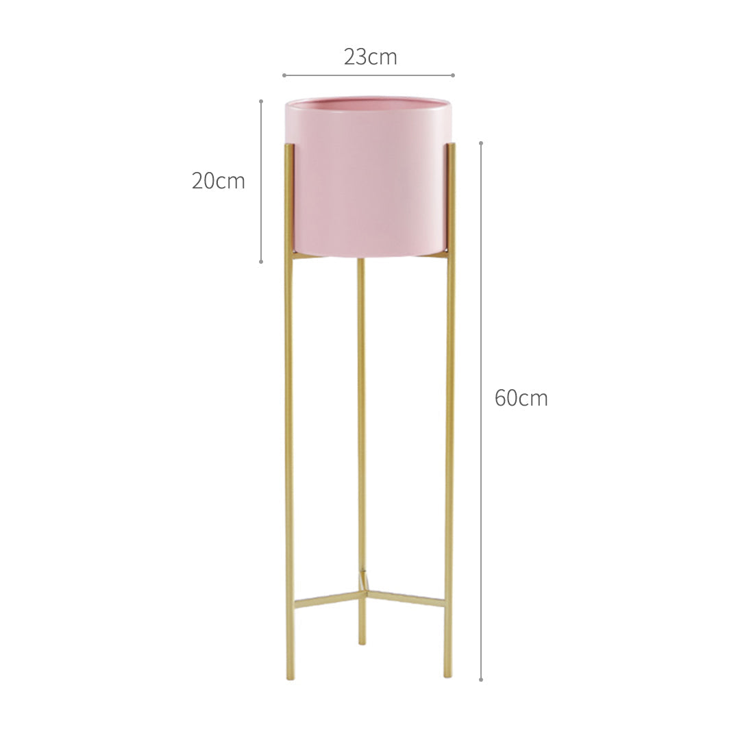 2 Layer Gold Metal Corner Plant Stand with Pink Pot Holder - 60cm