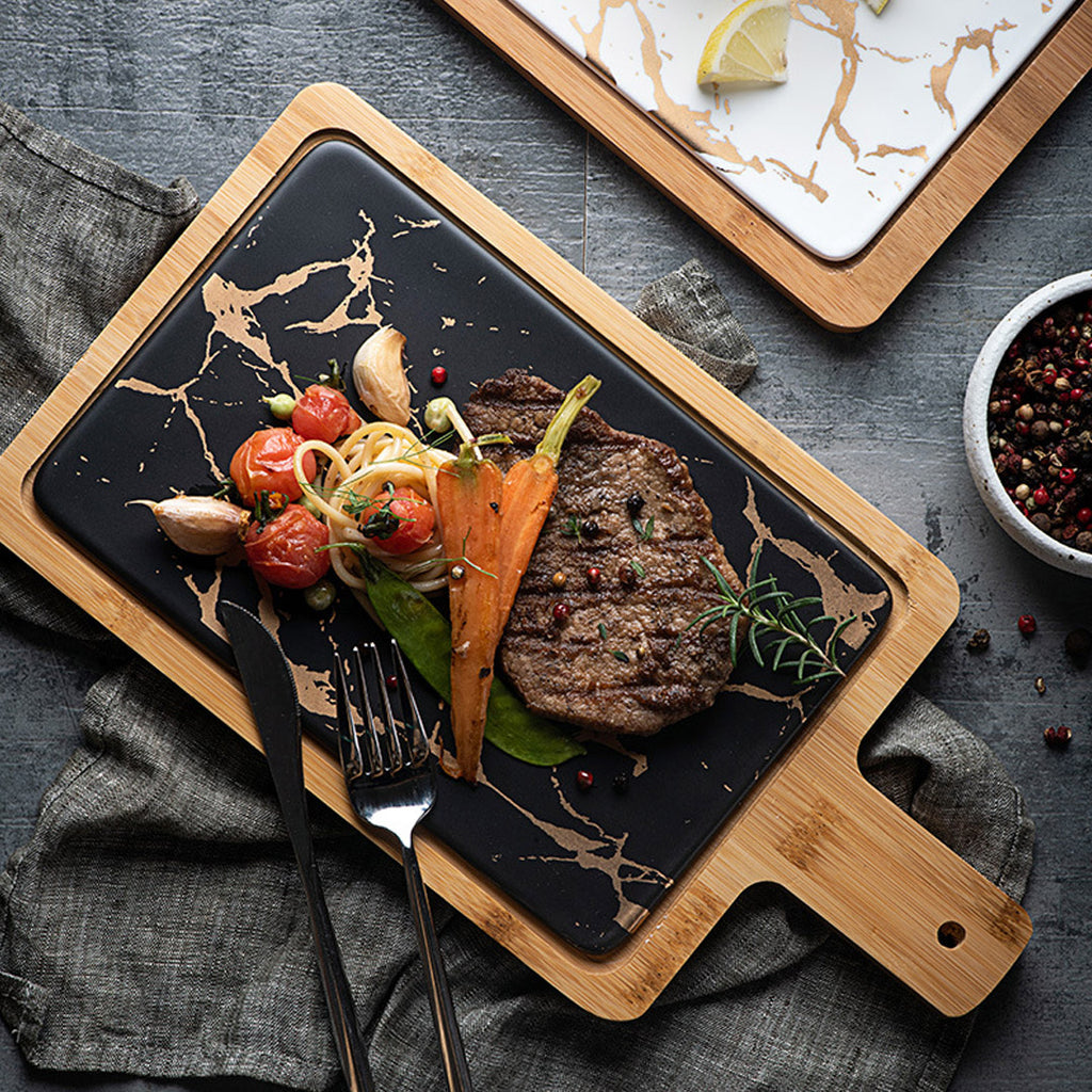 Black Stone Slate Rectangle Wooden Serving Tray with Handle - 33.5cm