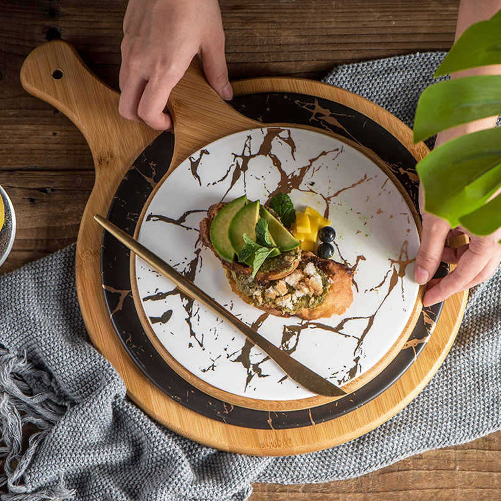 White Round Slate Stone Wooden Serving Tray with Handle - 30cm
