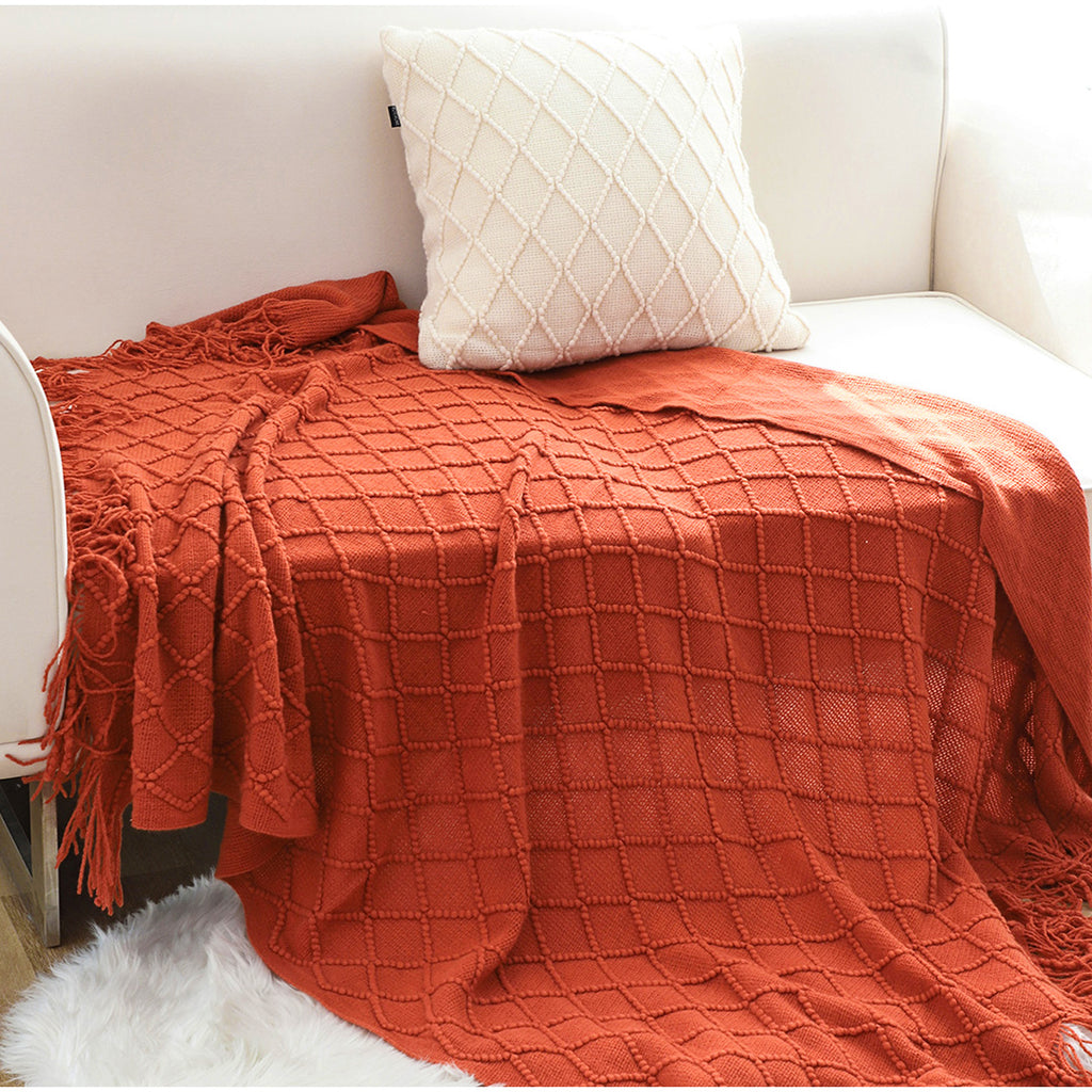 Throw Blanket Diamond Pattern Knitted Throw with Tassels - Red