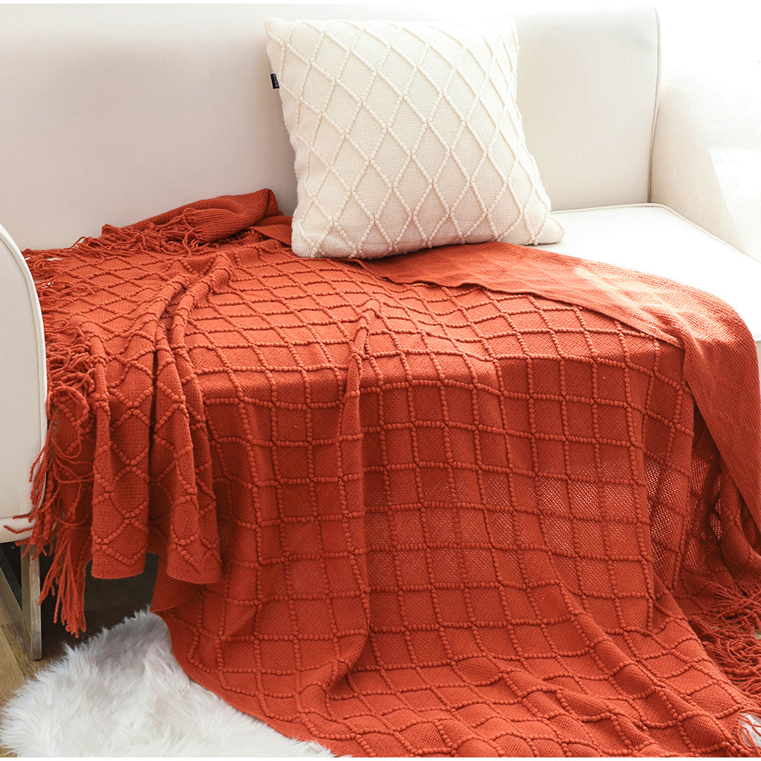 Throw Blanket Diamond Pattern Knitted Throw with Tassels - Red
